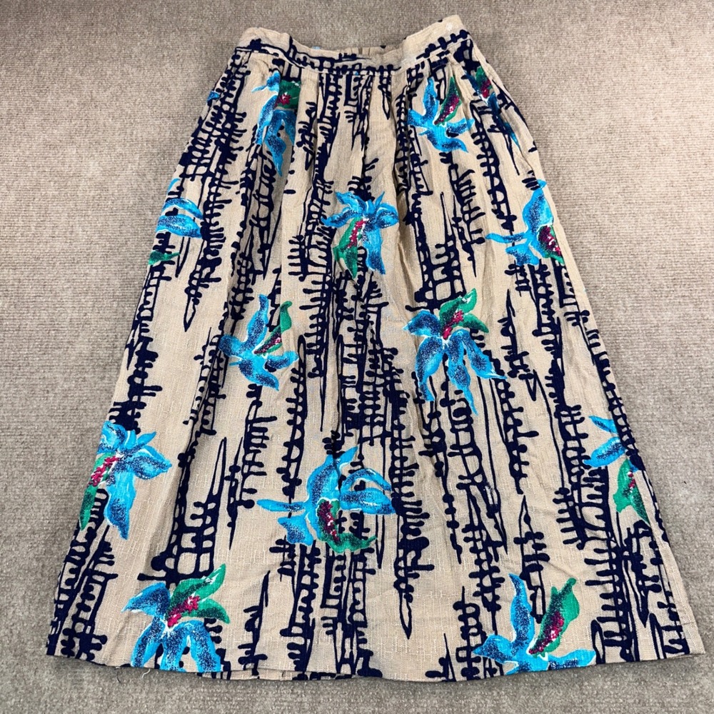 Vintage Norton McNaughton Petites Tropical Floral Midi Skirt Tan Blue Size 4P